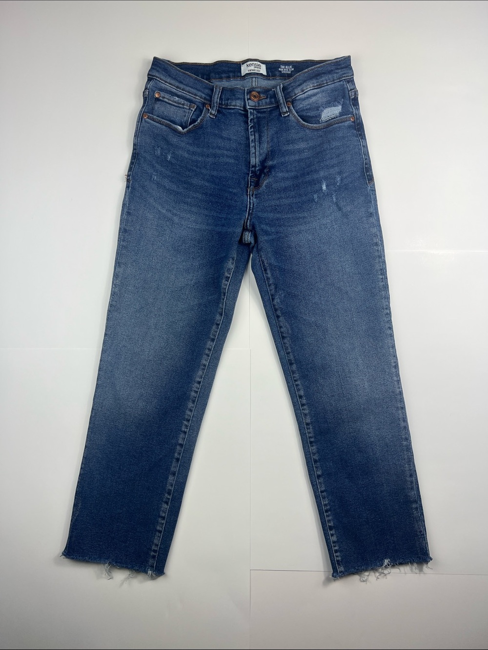 Kensie “Allie” High Rise Slim Straight Cropped Ankle Jeans in Medium Blue Denim